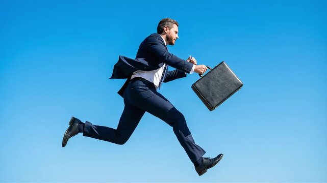 A businessman running and jumping against a clear blue sky, symbolizing career advancement and freedom