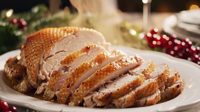 A delicious roasted turkey, perfectly sliced and ready to eat, served on a white platter. A celebratory holiday feast
