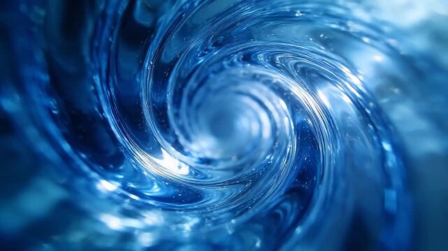 Blue white water vortex swirling with spiral ripples and refraction