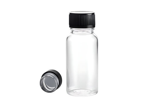 A clear glass bottle with a black cap on a black background