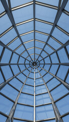 Panoramic glass dome ceiling with steel frame and blue sky visible through geometric panes, airy architectural symmetry and modern design