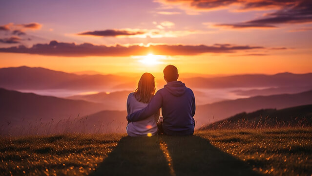 Couple sitting together on a hill watching a breathtaking sunset over the mountains