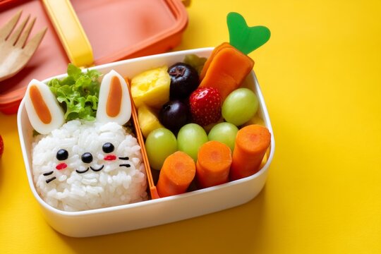 Cute Bunny Character Bento Box with Rice and Fresh Fruits on Bright Yellow Background
