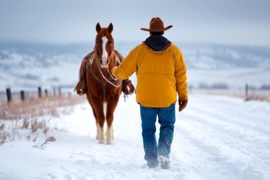 Exhausted Cowgirl Leading Horse Through Snowy Landscape with Reins in Hand