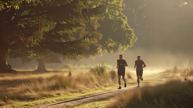Two male runners jogging along a misty park trail at sunrise with golden backlight and trees