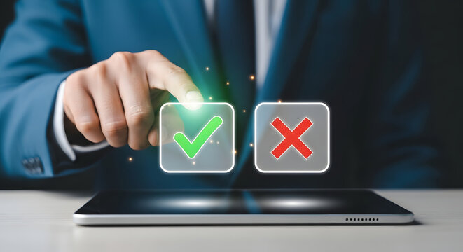 Decision making choice: A person in a formal setting interacts with digital checkmark and crossmark icons, symbolizing a pivotal moment of judgment.