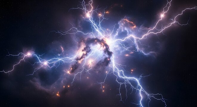 Large cluster of lightnings in the night sky with stars and nebula.