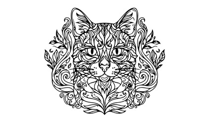 Fototapeta premium A black and white vector illustration of a cat's face surrounded by floral patterns and leaves