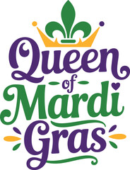 Vibrant mardi gras celebration queen of mardi gras colorful logo with crown and fleur de lis © LailaArtworks