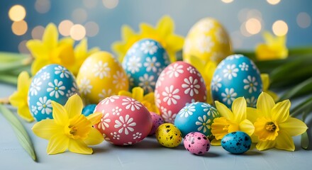 Colorful easter eggs and yellow daffodils on a light blue background with bokeh lights