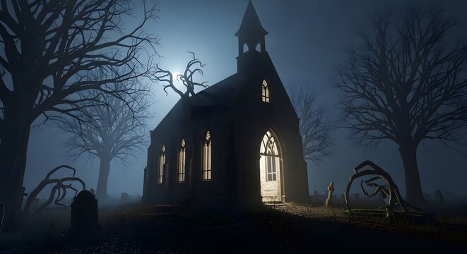 An old church in the middle of graveyard at night with full.