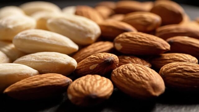 Mixed almonds and nuts forming an icon pattern on a dark surface, a close-up view