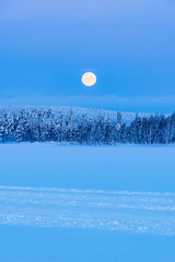 Landschaft im Winter mit Mond und Wald in &Auml;k&auml;slompolo, Finnland