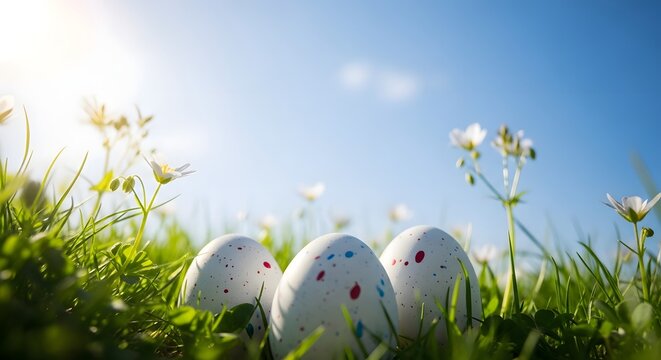 Three white easter eggs with painted faces in a field of green grass and flowers on a sunny day