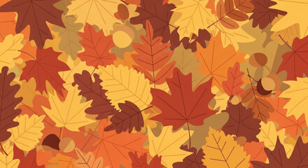 Fototapeta premium Vibrant autumn leaves pattern with colorful maple and oak foliage in shades of orange yellow and red for seasonal designs