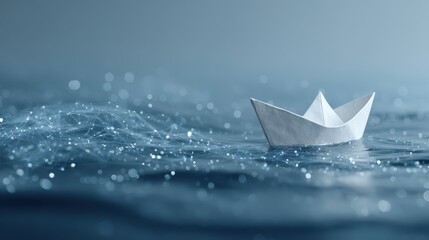 Obraz premium Paper Boat Floating on Abstract Digital Network Water