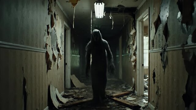 Mysterious Hooded Figure Walking Through Dark Abandoned Hallway with Damaged Walls and Eerie Lighting for Spooky Atmosphere Concept