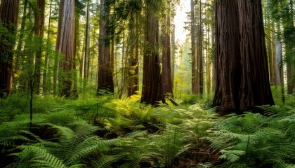 Obraz premium Sunlight filters through a lush redwood forest with vibrant green ferns covering the forest floor.