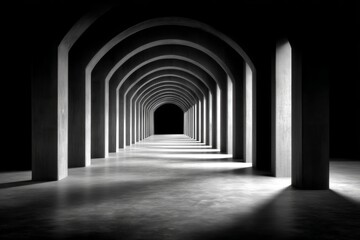 Obraz premium Long Empty Corridor with Repeating Arches and Fading Light in Monochrome Tone