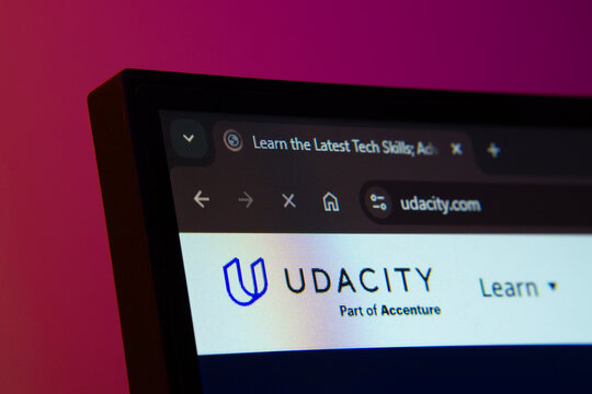 Dhaka, Bangladesh- 02 June 2025: Close-up of a computer screen displaying the UDACITY web interface in dark mode