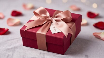 Obraz premium Elegant red gift box with a large pink satin bow surrounded by scattered rose petals.