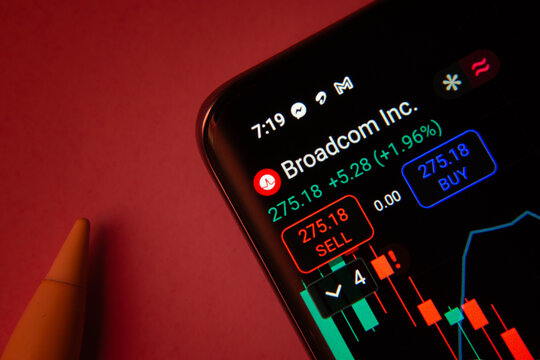 Dhaka, Bangladesh- 08 Sep 2025: Close-up of a phone screen showing Broadcom Inc stock market data with a candlestick chart.