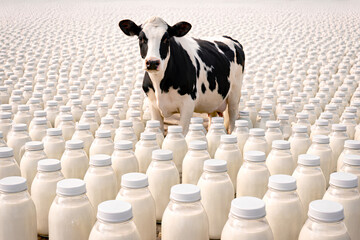 Obraz premium Holstein Cow Standing Among Endless Milk Bottles Representing Dairy Production