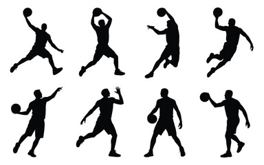 Collection of dynamic basketball player silhouettes in various poses and actions on white background