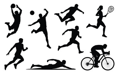 Collection of black silhouettes of people engaged in various sports and fitness activities on white background