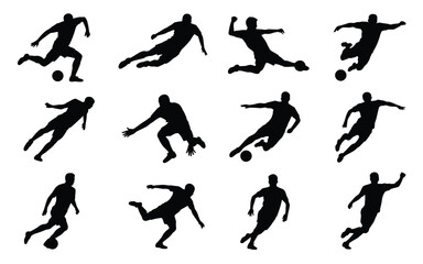 Collection of black silhouettes of soccer players in various dynamic poses kicking and playing football on white background action packed sports illustrations