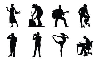 Silhouettes of people engaged in various activities and professions on white background