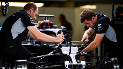 Naklejka premium Pit Crew Team Working on Racing Car in Garage for Motorsport Event Preparation and Engineering Display, racing car breakdown and repair, modification of the racing car