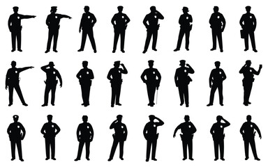 Collection of 20 black silhouette icons of men in business attire standing in various poses on white background for design and illustration