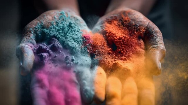Hands holding colorful powdered pigments with vibrant hues  