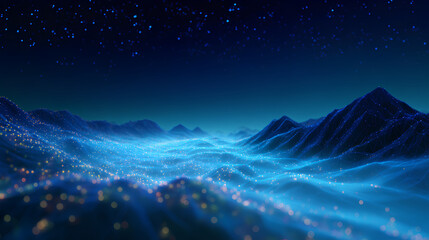 Luminous Digital Landscape with Starry Sky and Glowing Particles