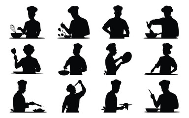 Silhouettes of chefs cooking preparing food and kitchen activities in various poses and actions