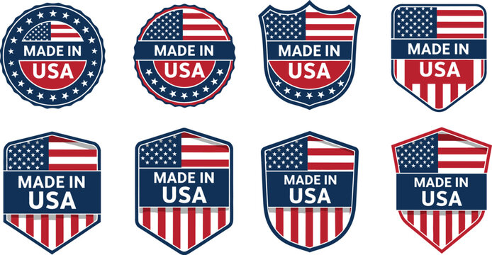 Vector illustration set of "Made in USA" badges and labels featuring the American flag in various shield and circular shapes