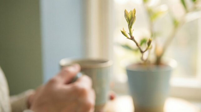 Woman's hands gently holding a ceramic mug with a hot beverage by a sunlit window, next to a small potted plant displaying new green shoots, creating a peaceful morning moment.