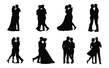 Silhouettes of romantic couples dancing and embracing in various poses on white background