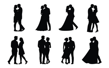 Silhouettes of romantic couples dancing and kissing in various poses on white background