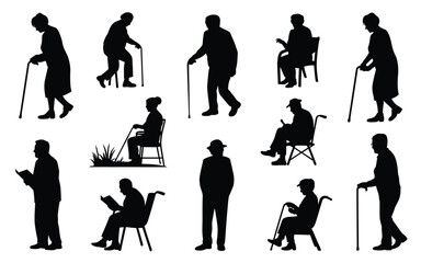 Elderly people silhouettes walking with canes or sitting in various poses on white background