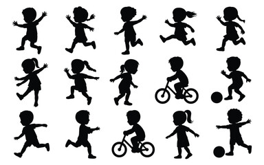Collection of children playing sports and riding bicycles in black silhouette on white background