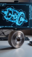 High quality gear with detailed technical drawing displayed on screen, showcasing engineering design and precision