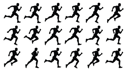 Multiple black silhouettes of men running in various poses on white background for fitness and sports concepts