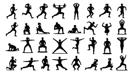 Collection of black silhouette icons depicting various fitness and exercise poses on white background