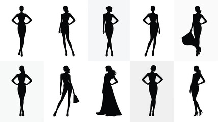 Silhouettes of women in various poses and dresses on white background black female figures