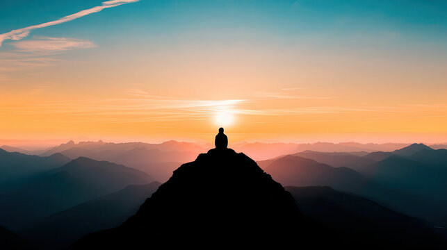 A person is sitting on a mountain top at sunset