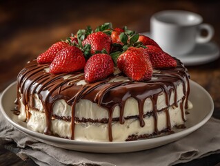 Chocolate cake topped with fresh strawberries and drizzled with chocolate sauce on a white plate, with a coffee cup in the background on a wooden table