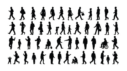 Diverse group of people walking running and interacting in various poses and activities on white background
