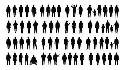 Collection of diverse black human silhouettes standing in various poses on white background for design and illustration